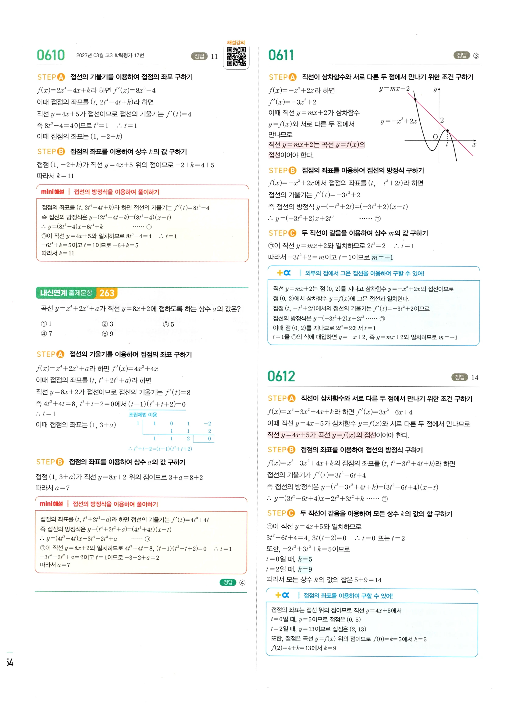 2026 마플시너지 미적분1 Ⅱ-02 접선의 방정식과 평균값 정리 답지 해설 254쪽