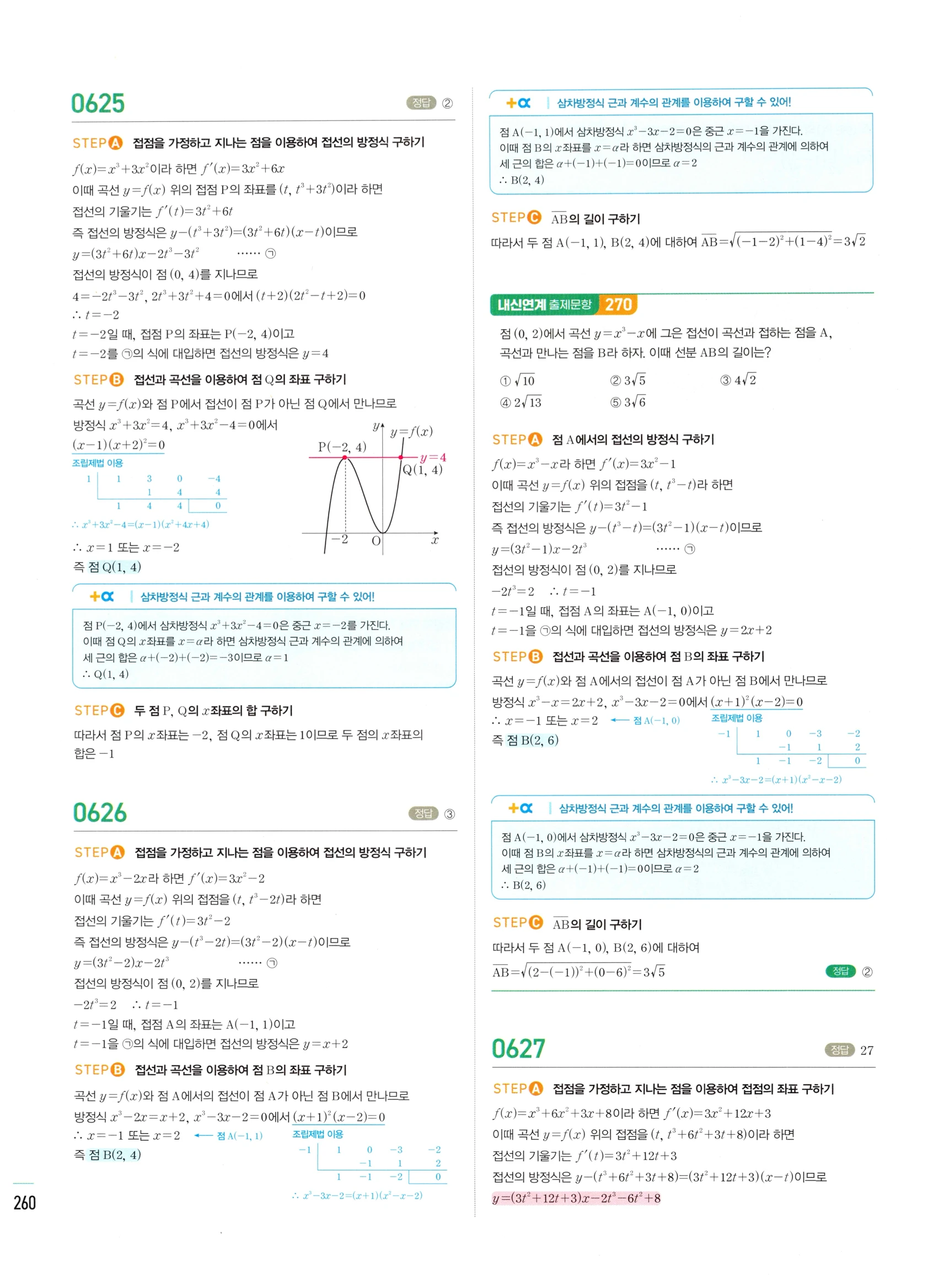 2026 마플시너지 미적분1 Ⅱ-02 접선의 방정식과 평균값 정리 답지 해설 260쪽