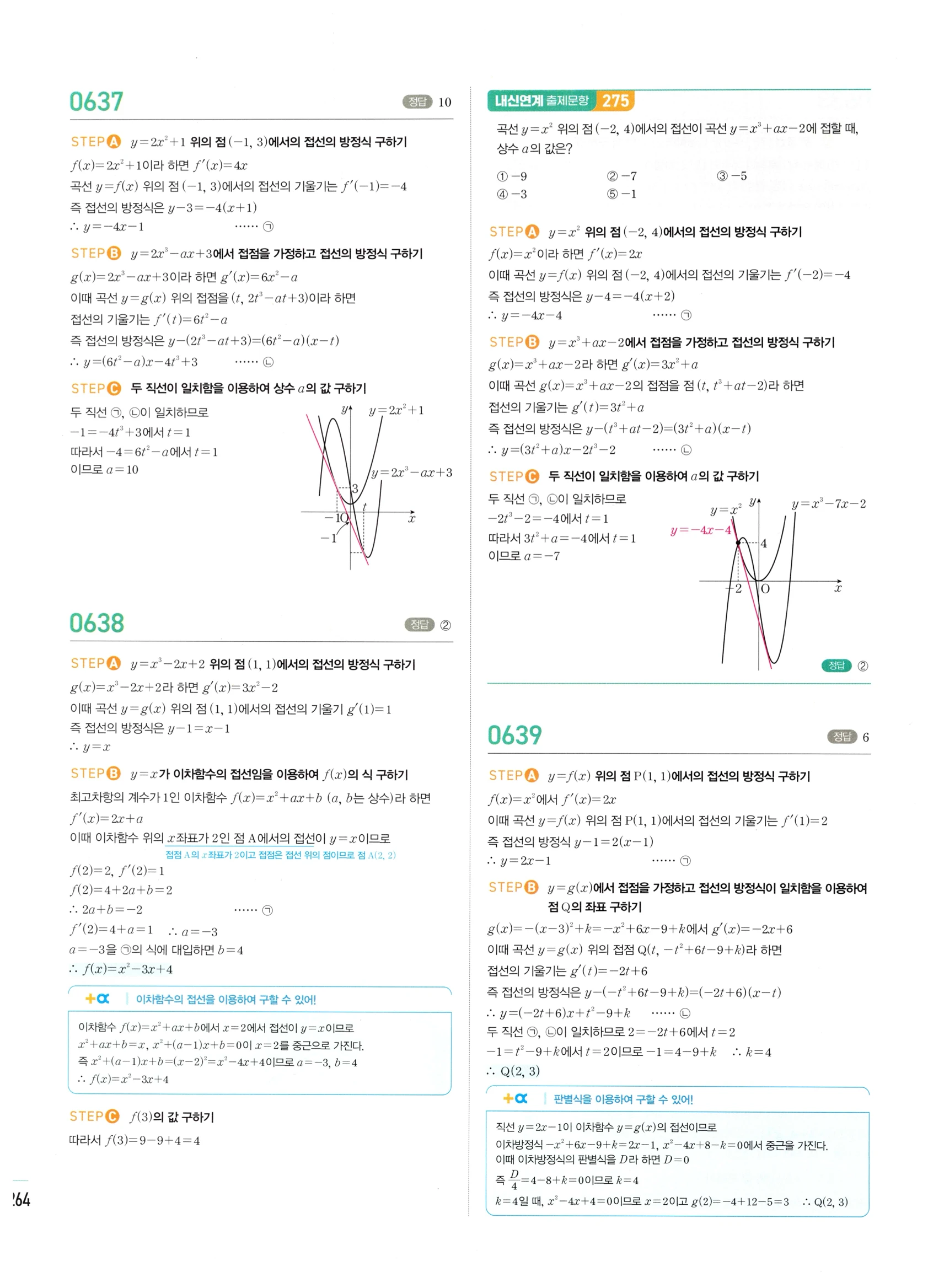 2026 마플시너지 미적분1 Ⅱ-02 접선의 방정식과 평균값 정리 답지 해설 264쪽