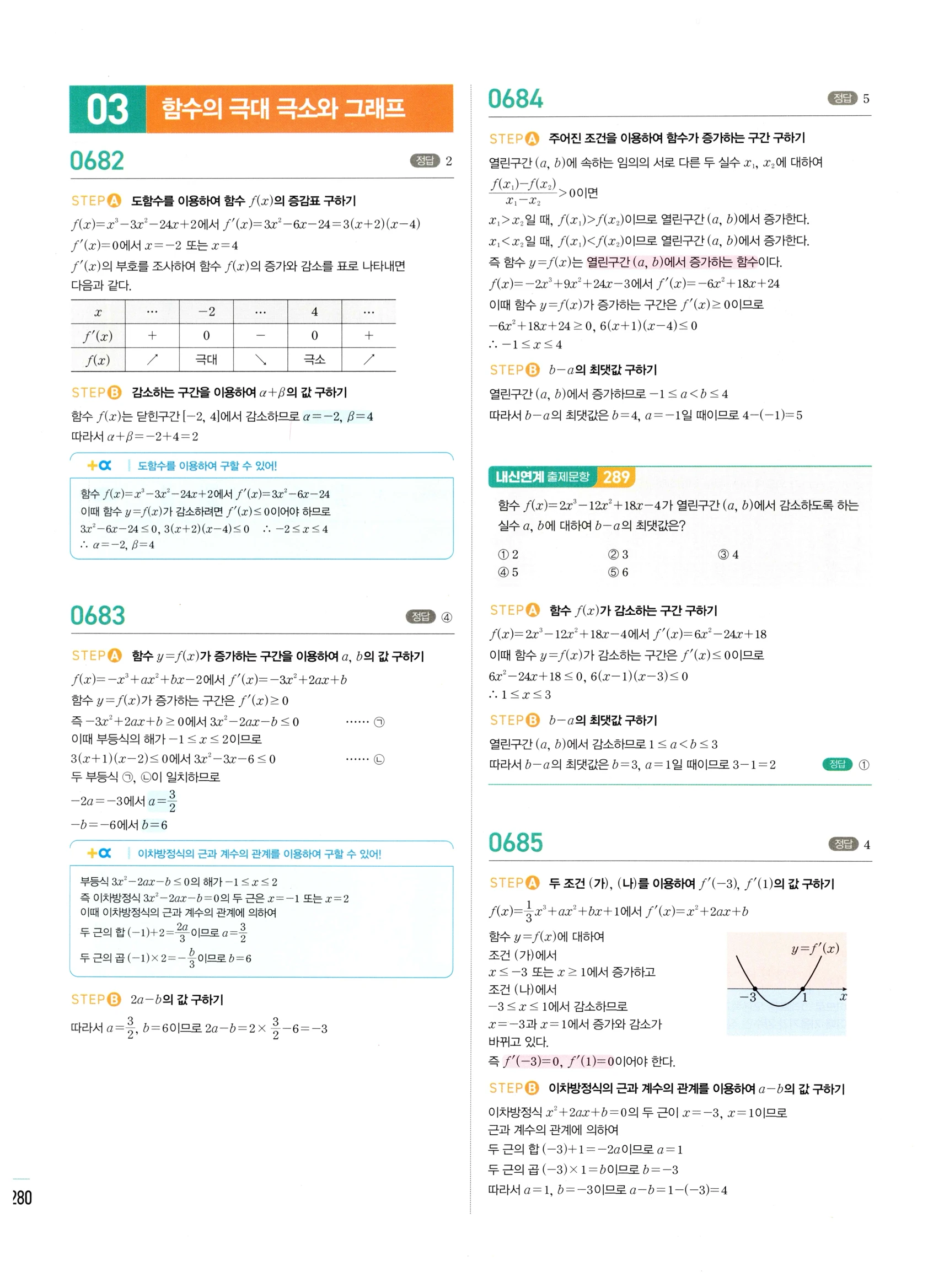 2026 마플시너지 미적분1 Ⅱ-03 함수의 극대 극소와 그래프 답지 해설 280쪽
