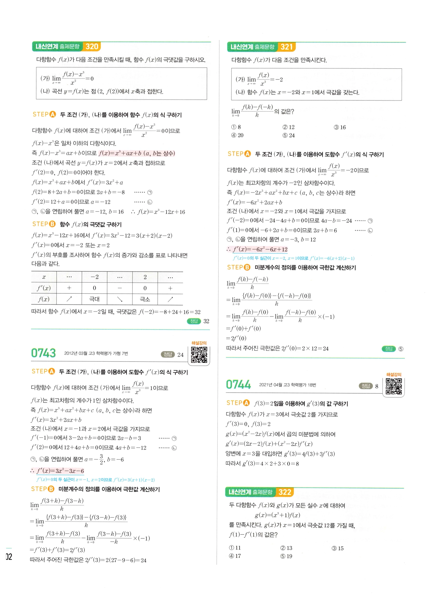 2026 마플시너지 미적분1 Ⅱ-03 함수의 극대 극소와 그래프 답지 해설 302쪽