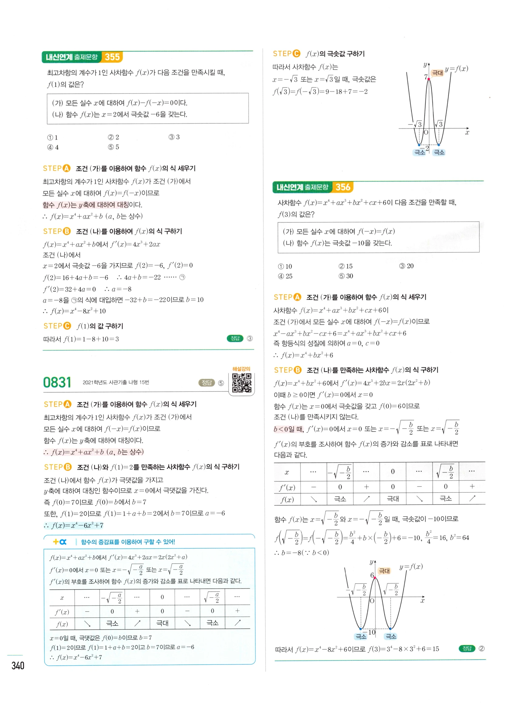 2026 마플시너지 미적분1 Ⅱ-03 함수의 극대 극소와 그래프 답지 해설 340쪽
