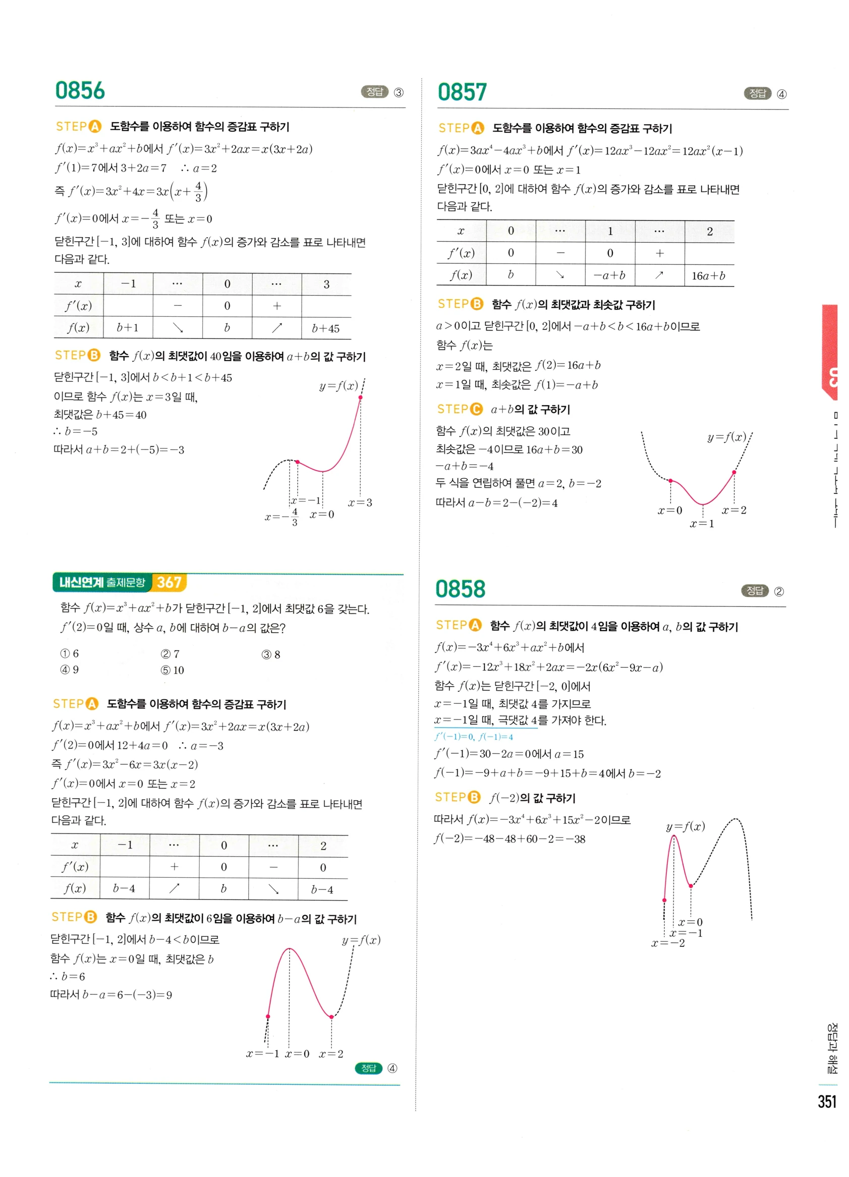2026 마플시너지 미적분1 Ⅱ-03 함수의 극대 극소와 그래프 답지 해설 351쪽