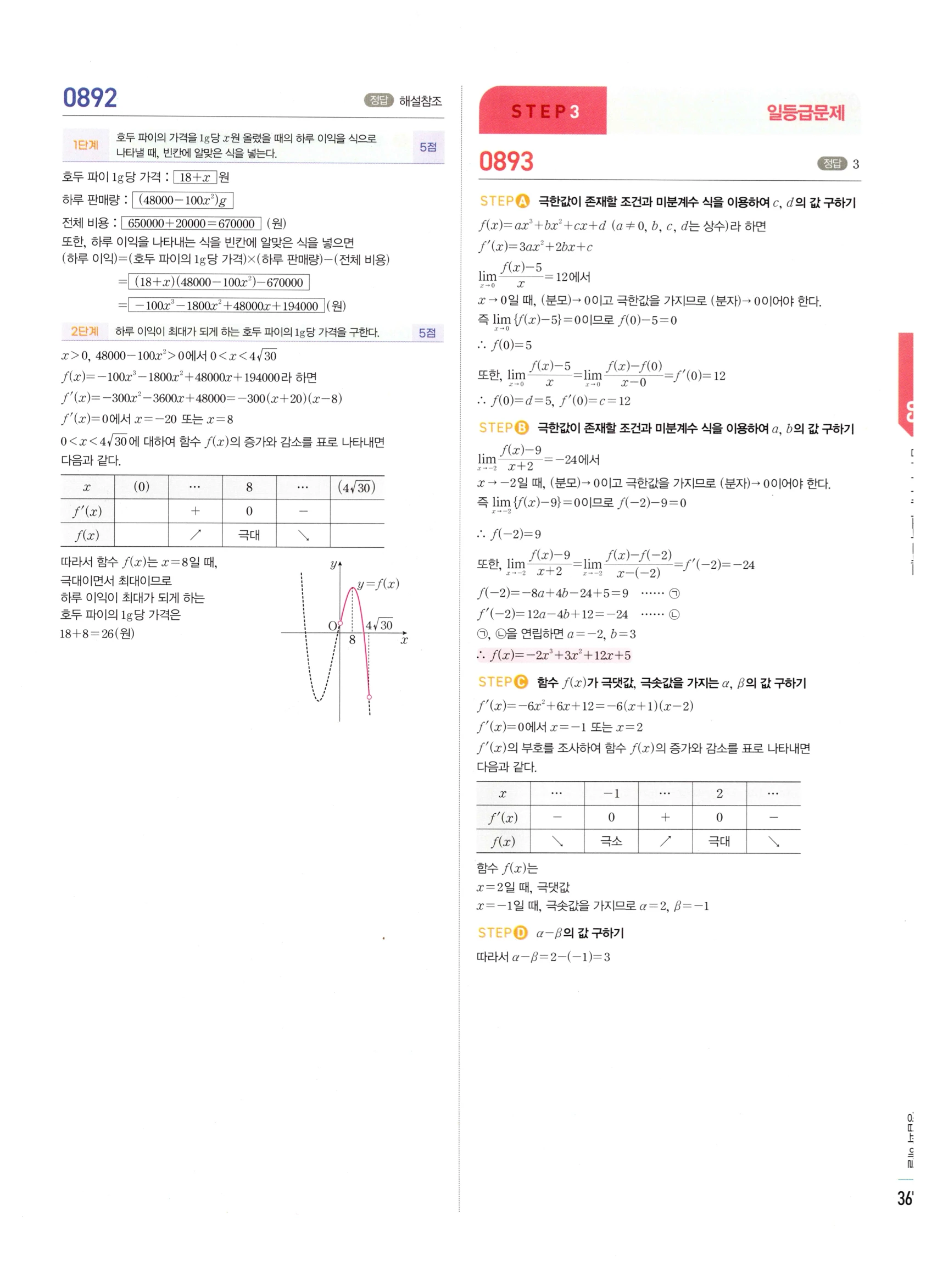 2026 마플시너지 미적분1 Ⅱ-03 함수의 극대 극소와 그래프 답지 해설 367쪽