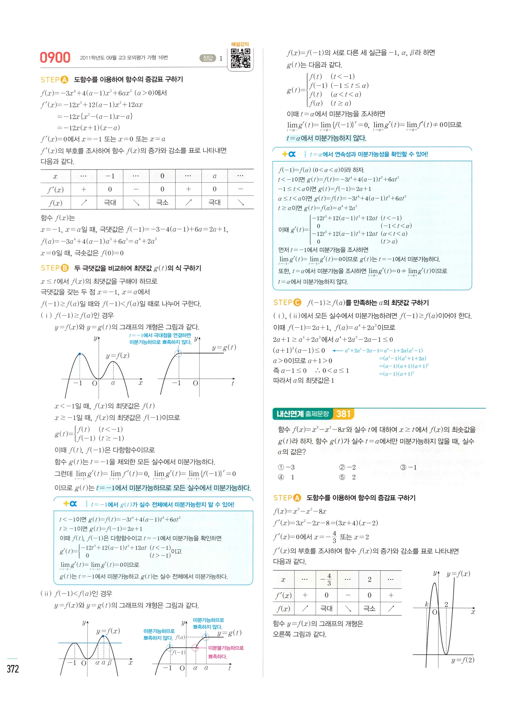 2026 마플시너지 미적분1 Ⅱ-03 함수의 극대 극소와 그래프 답지 해설 372쪽