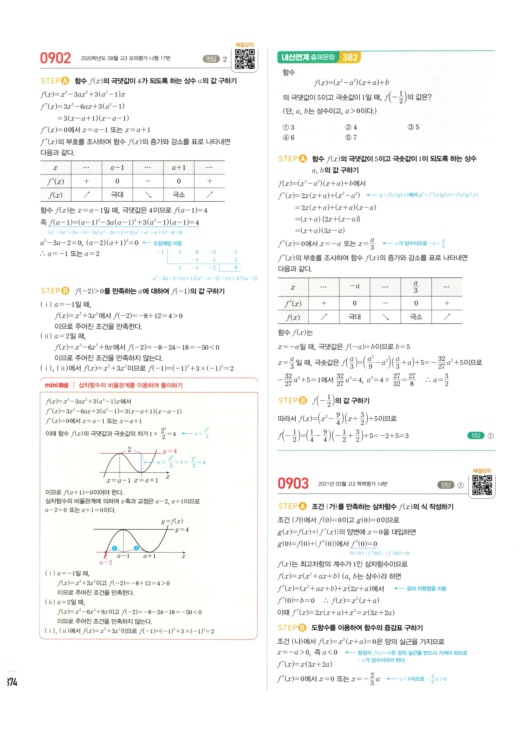 2026 마플시너지 미적분1 Ⅱ-03 함수의 극대 극소와 그래프 답지 해설 374쪽