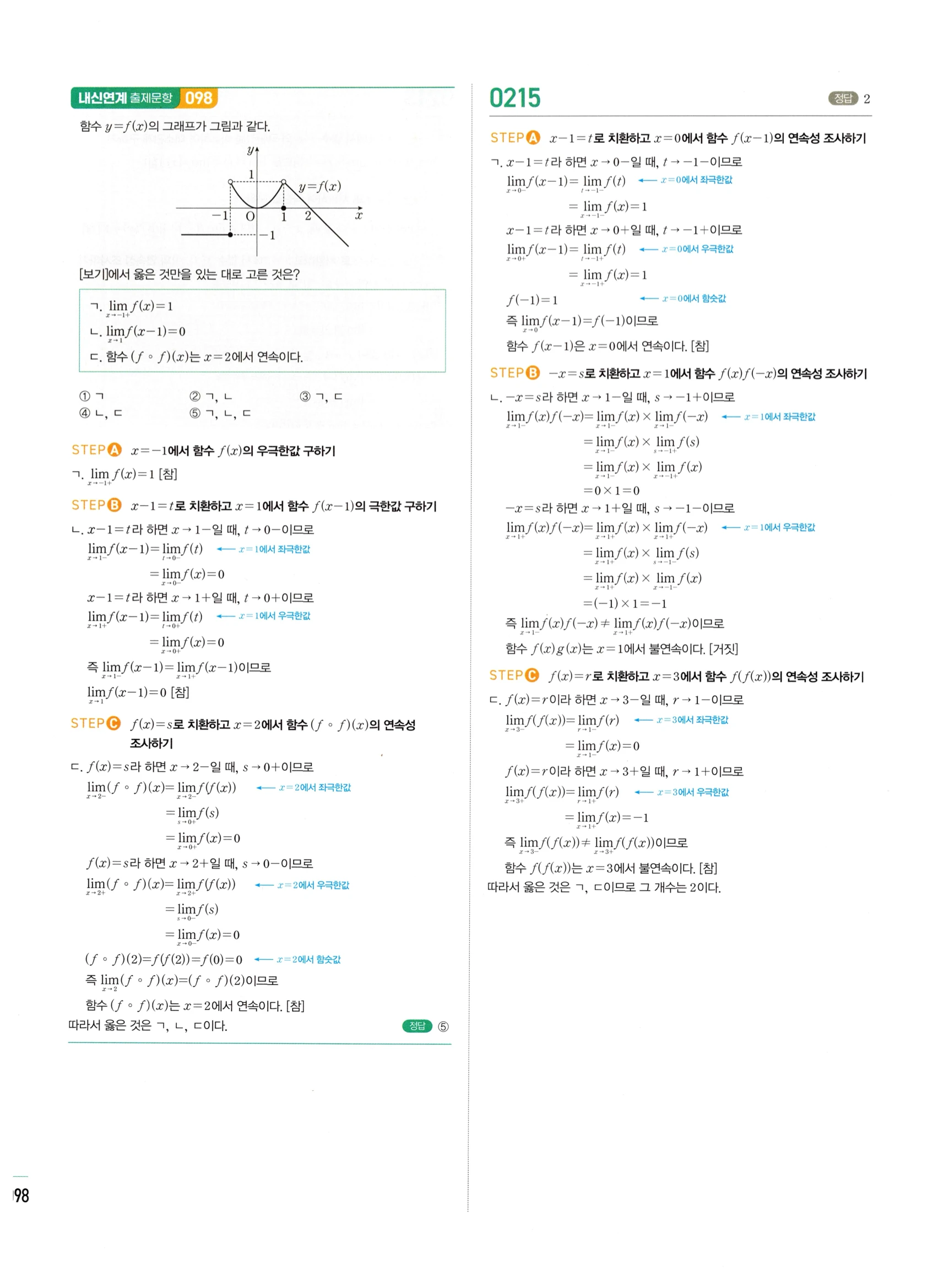2026 마플시너지 미적분1 Ⅰ-02 함수의 연속 답지 해설 98쪽